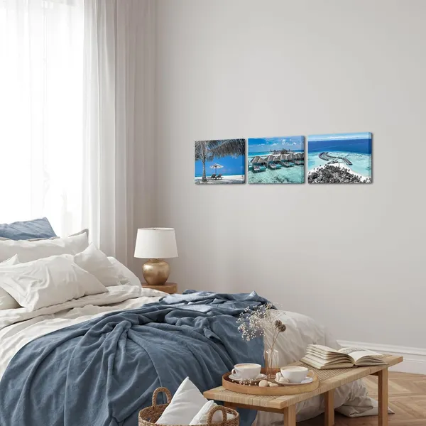 Multicolor_Maldives_Picture_Prints_Teal_Blue_Coastal_Wall_Art_Turquoise_Ocean_Picture_Canvas_Prints_Tropical_Beach_Pictures_Framed_|_For_Edroom_Bathroom_Decor_12''x16''x3pcs
