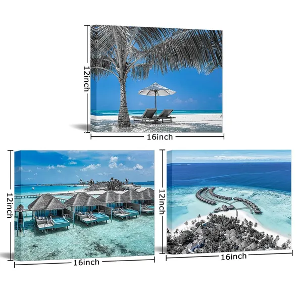 Multicolor_Maldives_Picture_Prints_Teal_Blue_Coastal_Wall_Art_Turquoise_Ocean_Picture_Canvas_Prints_Tropical_Beach_Pictures_Framed_|_For_Edroom_Bathroom_Decor_12''x16''x3pcs