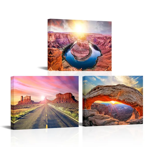 Multicolor_National_Park_Canvas_Wall_Art_Sunrise_At_Mesa_Arch_In_Canyonlands_Picture_Prints_Grand_Canyon_Artwork_Nature_Landscape_Wall_Decor_Framed_12"x16"x3_Panels
