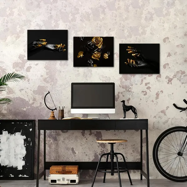 Multicolor_African_American_Canvas_Wall_Art_Black_and_Gold_Hands_Pictures_Paintings_Skull_with_Rose_Artwork_Prints_|_For_Bathroom_Bedroom_Living_Room_Decor_Framed_12"x16"x3pcs