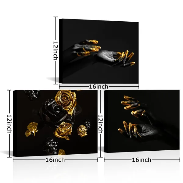 Multicolor_African_American_Canvas_Wall_Art_Black_and_Gold_Hands_Pictures_Paintings_Skull_with_Rose_Artwork_Prints_|_For_Bathroom_Bedroom_Living_Room_Decor_Framed_12"x16"x3pcs
