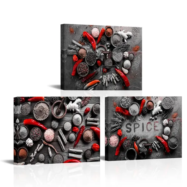 Multicolor_Spices_Seasoning_Spoon_Canvas_Wall_Art_Black_Red_Spices_and_Spoon_Painting_Kitchen_Pictures_Wall_Decor_12''x16''x3pcs
