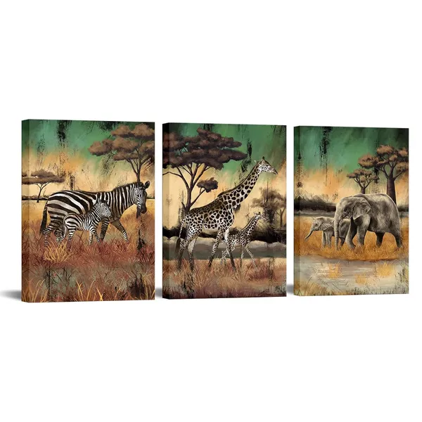 Multicolor_3_Pieces_Safari_Animals_Canvas_Wall_Art_African_Wildlife_Prints_Fall_Animals_Family_Mom_And_Baby_Pictures_Wild_Elephant_Giraffe_Zebra_Artwork_|_For_Home_Office_Decor_12"X16"_(Small)