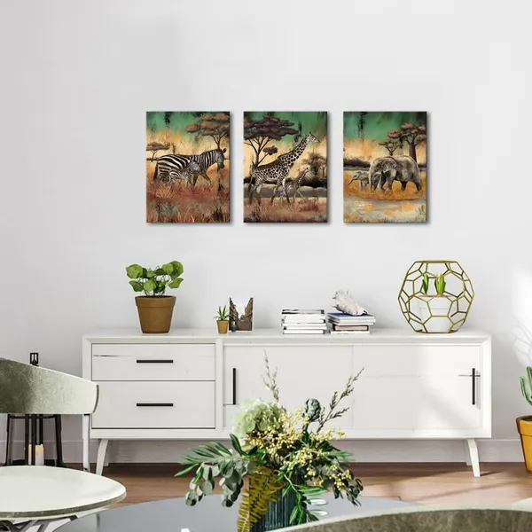 Multicolor_3_Pieces_Safari_Animals_Canvas_Wall_Art_African_Wildlife_Prints_Fall_Animals_Family_Mom_And_Baby_Pictures_Wild_Elephant_Giraffe_Zebra_Artwork_|_For_Home_Office_Decor_12"X16"_(Small)
