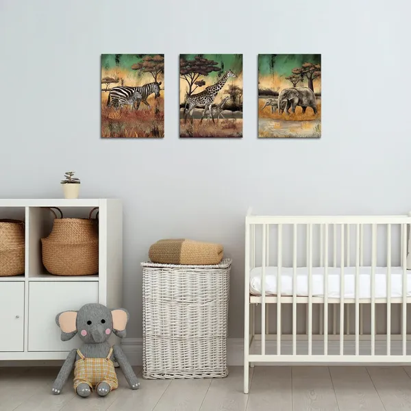 Multicolor_3_Pieces_Safari_Animals_Canvas_Wall_Art_African_Wildlife_Prints_Fall_Animals_Family_Mom_And_Baby_Pictures_Wild_Elephant_Giraffe_Zebra_Artwork_|_For_Home_Office_Decor_12"X16"_(Small)