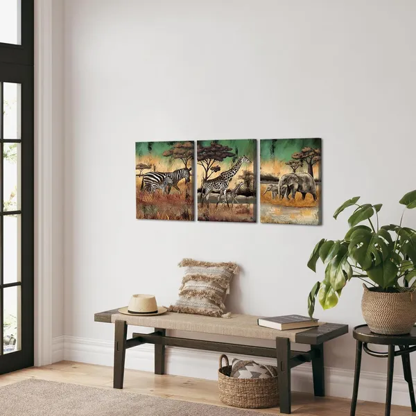 Multicolor_3_Pieces_Safari_Animals_Canvas_Wall_Art_African_Wildlife_Prints_Fall_Animals_Family_Mom_And_Baby_Pictures_Wild_Elephant_Giraffe_Zebra_Artwork_|_For_Home_Office_Decor_12"X16"_(Small)