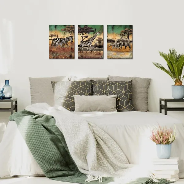 Multicolor_3_Pieces_Safari_Animals_Canvas_Wall_Art_African_Wildlife_Prints_Fall_Animals_Family_Mom_And_Baby_Pictures_Wild_Elephant_Giraffe_Zebra_Artwork_|_For_Home_Office_Decor_12"X16"_(Small)