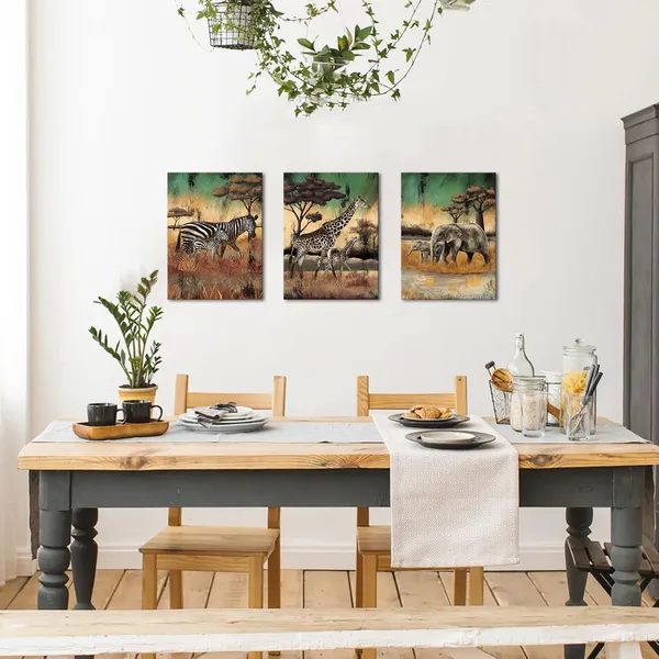 Multicolor_3_Pieces_Safari_Animals_Canvas_Wall_Art_African_Wildlife_Prints_Fall_Animals_Family_Mom_And_Baby_Pictures_Wild_Elephant_Giraffe_Zebra_Artwork_|_For_Home_Office_Decor_12"X16"_(Small)