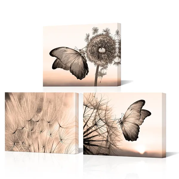 Multicolor_Dandelion_Butterfly_Canvas_Wall_Art_Sepia_Wish_Flowers_Pictures_Prints_Abstract_Wall_Artworks_|_For_Bathroom_Bedroom_Home_Decor_Ready_to_Hang_12"x16"x3pcs