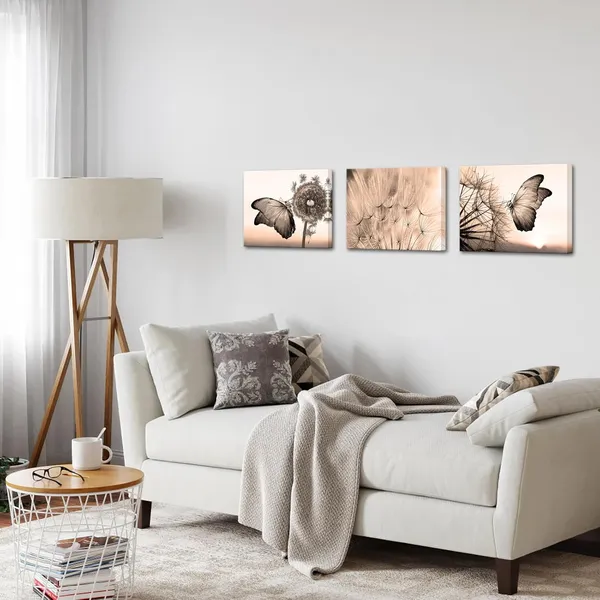 Multicolor_Dandelion_Butterfly_Canvas_Wall_Art_Sepia_Wish_Flowers_Pictures_Prints_Abstract_Wall_Artworks_|_For_Bathroom_Bedroom_Home_Decor_Ready_to_Hang_12"x16"x3pcs