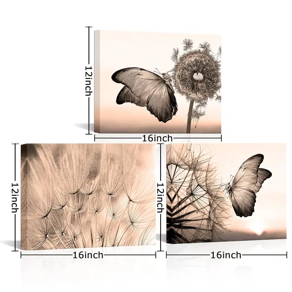 Multicolor_Dandelion_Butterfly_Canvas_Wall_Art_Sepia_Wish_Flowers_Pictures_Prints_Abstract_Wall_Artworks_|_For_Bathroom_Bedroom_Home_Decor_Ready_to_Hang_12"x16"x3pcs
