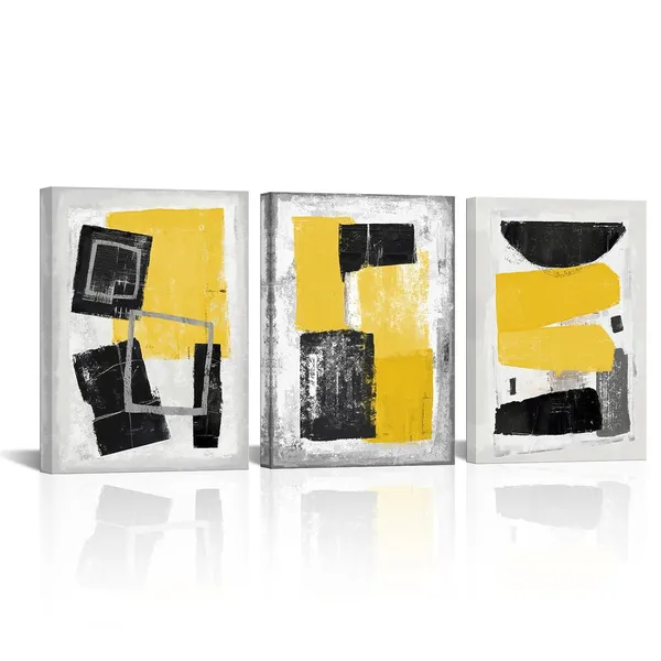 Multicolor_Abstract_Canvas_Wall_Art_Black_And_Yellow_Geometric_Painting_Minimalist_Canvas_Wall_Paintings_Framed_Home_Decor_|_For_Living_Room_Bedroom_Office_12''X16''X3pcs