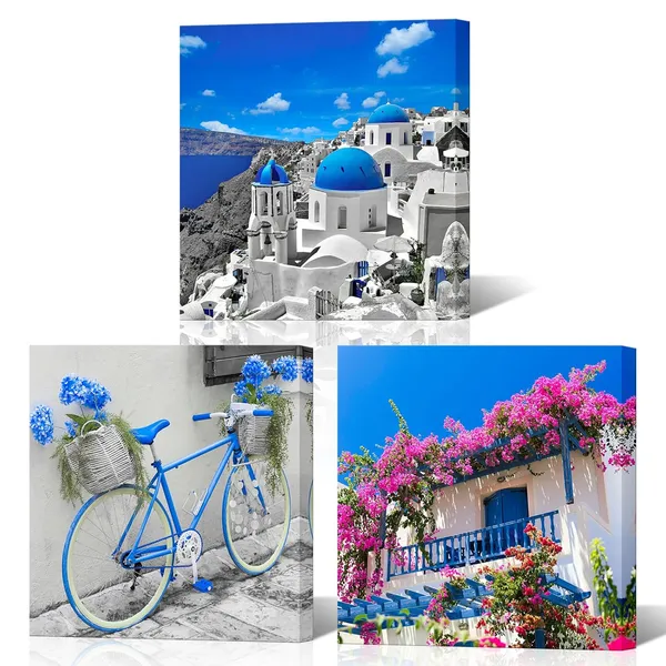 Multicolor_Blue_Greece_Santorini_Island_Wall_Art_European_Mediterranean_Pictures_Greece_City_Paintings_Artwork_Santorini_Churches_Flower_House_Bike_Canvas_Prints_Framed_16''x16''x3pcs