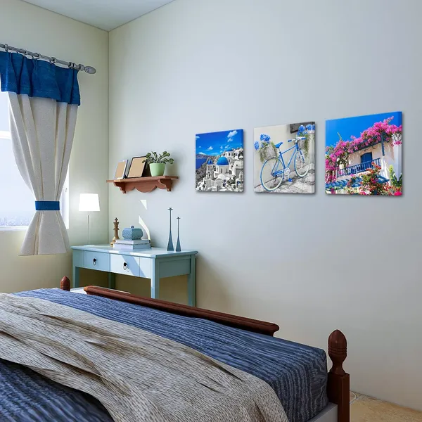 Multicolor_Blue_Greece_Santorini_Island_Wall_Art_European_Mediterranean_Pictures_Greece_City_Paintings_Artwork_Santorini_Churches_Flower_House_Bike_Canvas_Prints_Framed_16''x16''x3pcs