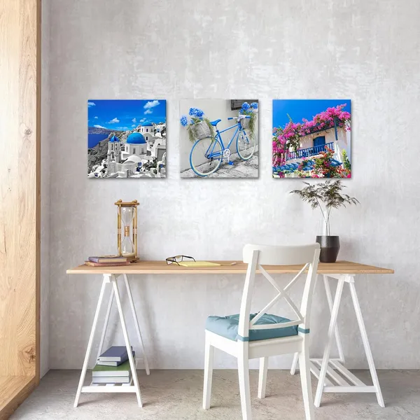 Multicolor_Blue_Greece_Santorini_Island_Wall_Art_European_Mediterranean_Pictures_Greece_City_Paintings_Artwork_Santorini_Churches_Flower_House_Bike_Canvas_Prints_Framed_16''x16''x3pcs