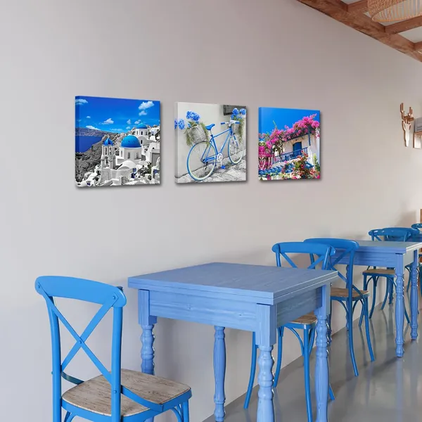 Multicolor_Blue_Greece_Santorini_Island_Wall_Art_European_Mediterranean_Pictures_Greece_City_Paintings_Artwork_Santorini_Churches_Flower_House_Bike_Canvas_Prints_Framed_16''x16''x3pcs
