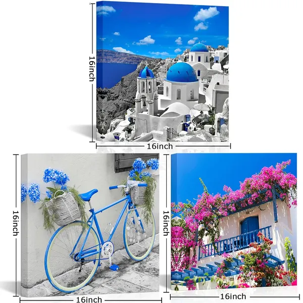 Multicolor_Blue_Greece_Santorini_Island_Wall_Art_European_Mediterranean_Pictures_Greece_City_Paintings_Artwork_Santorini_Churches_Flower_House_Bike_Canvas_Prints_Framed_16''x16''x3pcs
