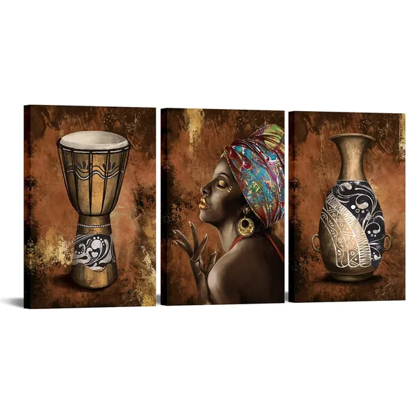 Multicolor_Ancient_African_Wall_Art_Canvas_Tribal_Vase_Drum_Painting_Pictures_Trditional_Ethnic_Africa_Artwork_Prints_|_For_Home_Office_Decor_16''L_x_12''W_x_3_Pieces_Framed_(Medium)