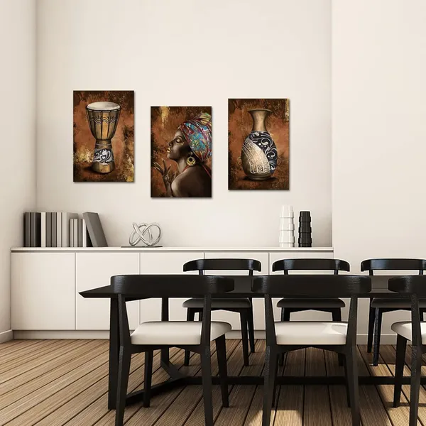 Multicolor_Ancient_African_Wall_Art_Canvas_Tribal_Vase_Drum_Painting_Pictures_Trditional_Ethnic_Africa_Artwork_Prints_|_For_Home_Office_Decor_16''L_x_12''W_x_3_Pieces_Framed_(Medium)