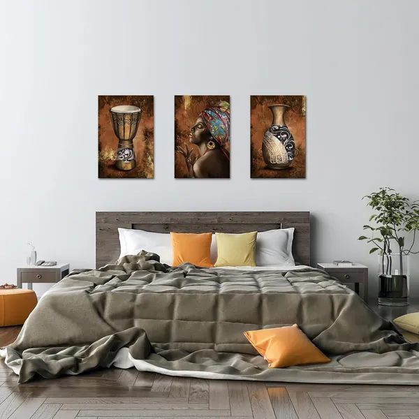 Multicolor_Ancient_African_Wall_Art_Canvas_Tribal_Vase_Drum_Painting_Pictures_Trditional_Ethnic_Africa_Artwork_Prints_|_For_Home_Office_Decor_16''L_x_12''W_x_3_Pieces_Framed_(Medium)
