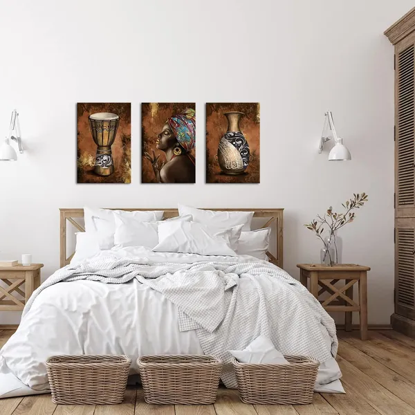 Multicolor_Ancient_African_Wall_Art_Canvas_Tribal_Vase_Drum_Painting_Pictures_Trditional_Ethnic_Africa_Artwork_Prints_|_For_Home_Office_Decor_16''L_x_12''W_x_3_Pieces_Framed_(Medium)