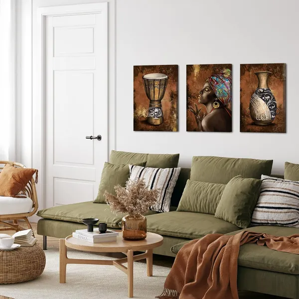 Multicolor_Ancient_African_Wall_Art_Canvas_Tribal_Vase_Drum_Painting_Pictures_Trditional_Ethnic_Africa_Artwork_Prints_|_For_Home_Office_Decor_16''L_x_12''W_x_3_Pieces_Framed_(Medium)