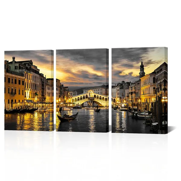 Multicolor_Venice_Wall_Art_Canvas_Venice_Italy_Grand_Canal_Picture_Venice_Skyline_Prints_Rialto_Bridge_Night_Cityscape_Artwork_Stretch_and_Framed_Ready_to_Hang_(Medium)