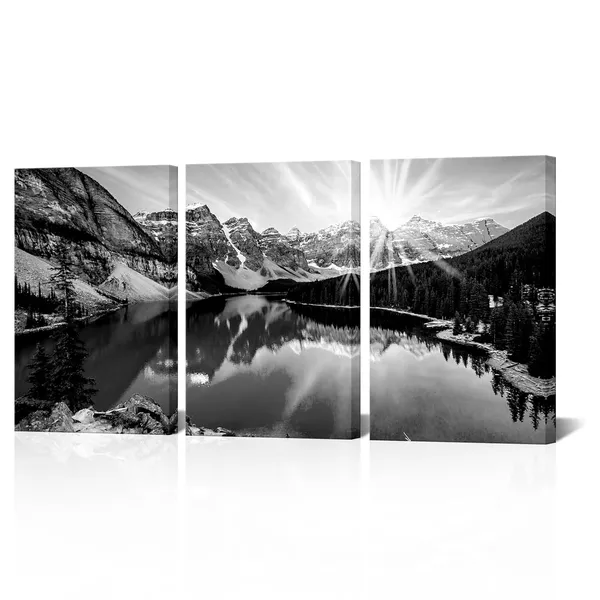 Multicolor_Black_White_Snow_Mountain_Wall_Art_Colorado_Rocky_Mountains_and_Moraine_Lake_at_Sunrise_Picture_Canvas_Framed_(Medium,_Black_White)