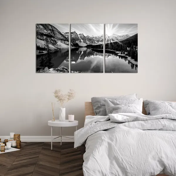 Multicolor_Black_White_Snow_Mountain_Wall_Art_Colorado_Rocky_Mountains_and_Moraine_Lake_at_Sunrise_Picture_Canvas_Framed_(Medium,_Black_White)
