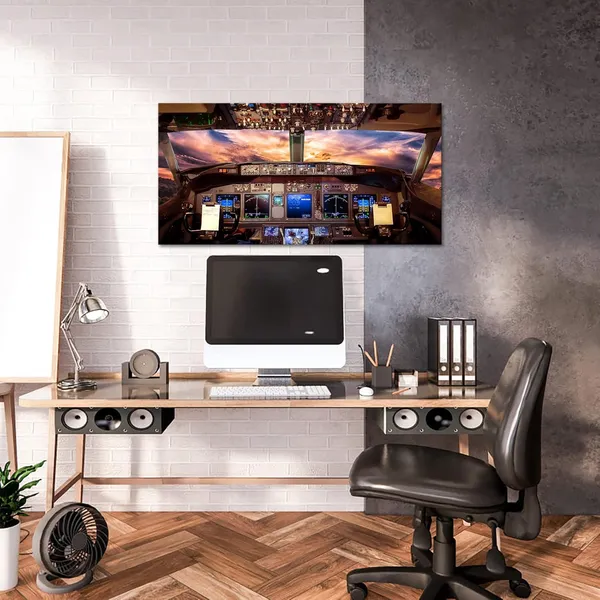 Multicolor_Large_Airplane_Cockpit_Wall_Art_Plane_Painting_Aviation_Art_Canvas_Aircraft_Interior_Sunny_SKy_Picture_Prints_Airplane_Artwork_|_For_Home_Living_Room_Bedroom_Office_Decor_20"x40"