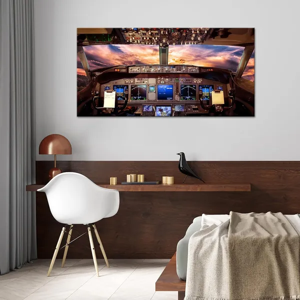 Multicolor_Large_Airplane_Cockpit_Wall_Art_Plane_Painting_Aviation_Art_Canvas_Aircraft_Interior_Sunny_SKy_Picture_Prints_Airplane_Artwork_|_For_Home_Living_Room_Bedroom_Office_Decor_20"x40"