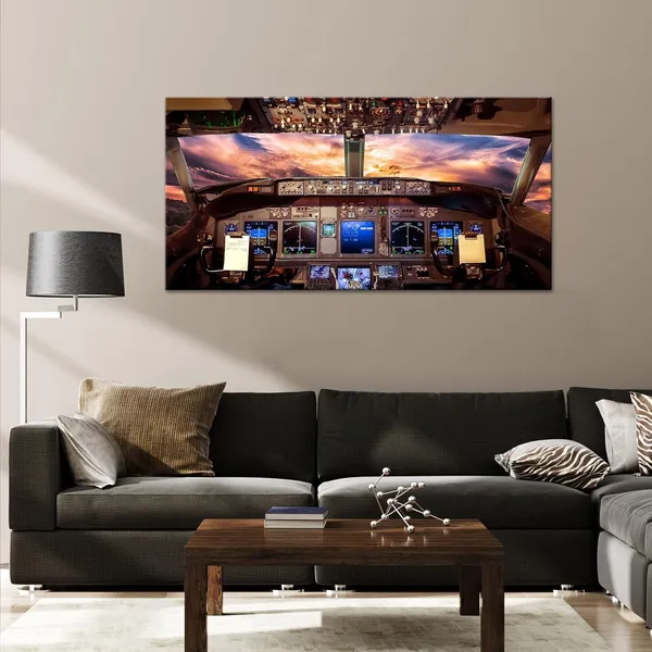 Multicolor_Large_Airplane_Cockpit_Wall_Art_Plane_Painting_Aviation_Art_Canvas_Aircraft_Interior_Sunny_SKy_Picture_Prints_Airplane_Artwork_|_For_Home_Living_Room_Bedroom_Office_Decor_20"x40"