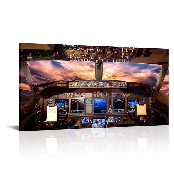 Multicolor_Large_Airplane_Cockpit_Wall_Art_Plane_Painting_Aviation_Art_Canvas_Aircraft_Interior_Sunny_SKy_Picture_Prints_Airplane_Artwork_|_For_Home_Living_Room_Bedroom_Office_Decor_20"x40"