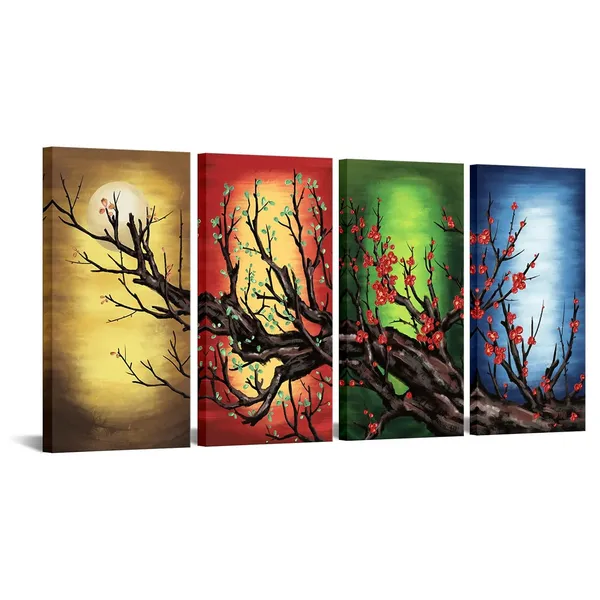 Multicolor_4_Seasons_Colorful_Trees_Framed_Wall_Art_Prints_Cherry_Blossom_Canvas_Color_Blossom_on_the_Branch_Painting_Floral_Oil_Picture_Prints_|_For_Home_Office_Decor_Ready_to_Hang_12"x24"X4pcs