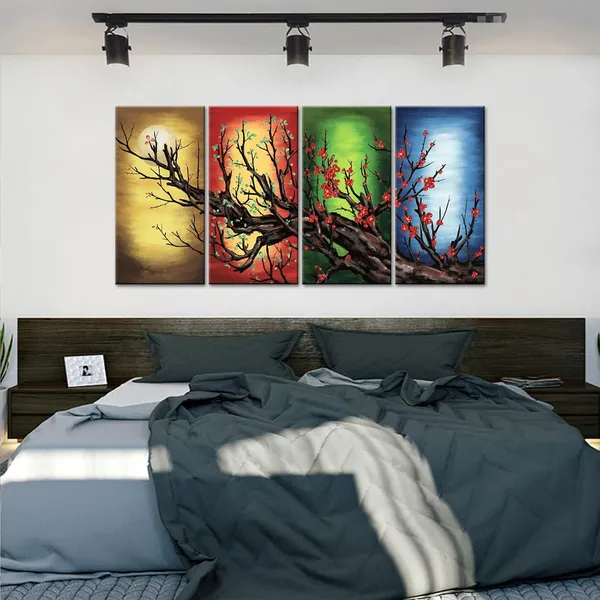 Multicolor_4_Seasons_Colorful_Trees_Framed_Wall_Art_Prints_Cherry_Blossom_Canvas_Color_Blossom_on_the_Branch_Painting_Floral_Oil_Picture_Prints_|_For_Home_Office_Decor_Ready_to_Hang_12"x24"X4pcs