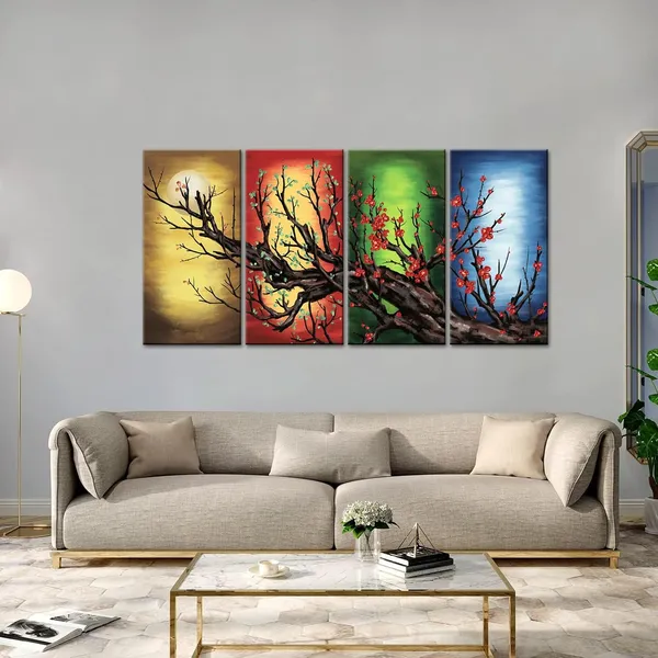 Multicolor_4_Seasons_Colorful_Trees_Framed_Wall_Art_Prints_Cherry_Blossom_Canvas_Color_Blossom_on_the_Branch_Painting_Floral_Oil_Picture_Prints_|_For_Home_Office_Decor_Ready_to_Hang_12"x24"X4pcs