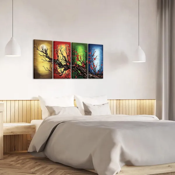 Multicolor_4_Seasons_Colorful_Trees_Framed_Wall_Art_Prints_Cherry_Blossom_Canvas_Color_Blossom_on_the_Branch_Painting_Floral_Oil_Picture_Prints_|_For_Home_Office_Decor_Ready_to_Hang_12"x24"X4pcs