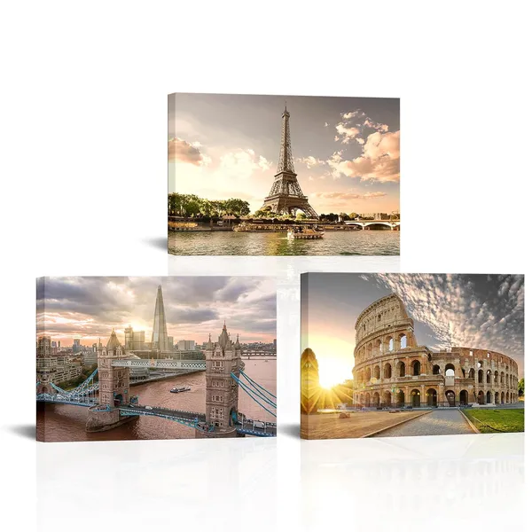 Multicolor_Europe_Architectures_Canvas_Wall_Art_Eiffel_Tower_Rome_Colosseum_Tower_Bridge_Pictures_Prints_Famous_Buildings_Landscape_Paintings_Framed_24''x16''x3panels