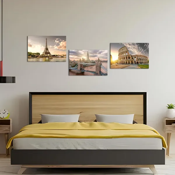 Multicolor_Europe_Architectures_Canvas_Wall_Art_Eiffel_Tower_Rome_Colosseum_Tower_Bridge_Pictures_Prints_Famous_Buildings_Landscape_Paintings_Framed_24''x16''x3panels