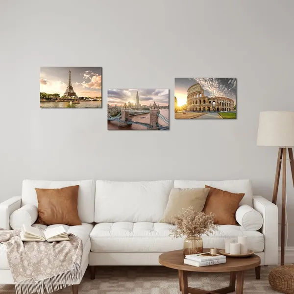 Multicolor_Europe_Architectures_Canvas_Wall_Art_Eiffel_Tower_Rome_Colosseum_Tower_Bridge_Pictures_Prints_Famous_Buildings_Landscape_Paintings_Framed_24''x16''x3panels