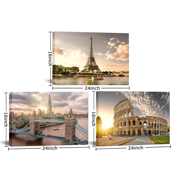 Multicolor_Europe_Architectures_Canvas_Wall_Art_Eiffel_Tower_Rome_Colosseum_Tower_Bridge_Pictures_Prints_Famous_Buildings_Landscape_Paintings_Framed_24''x16''x3panels