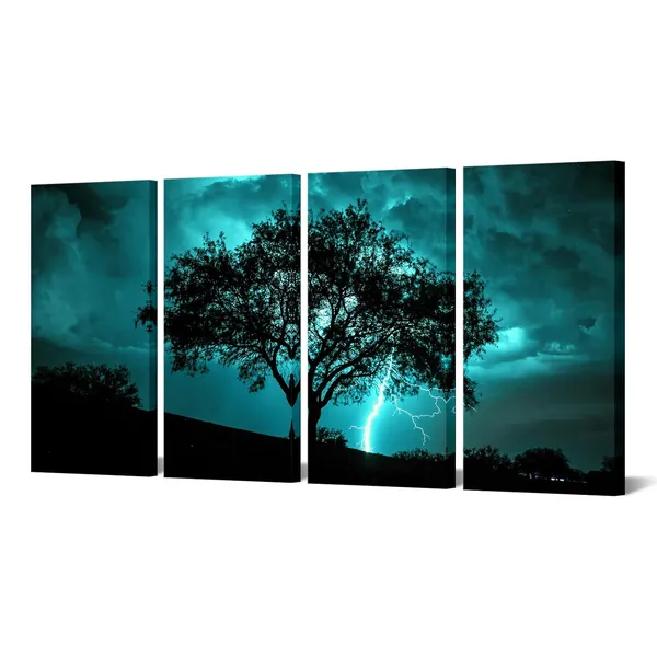 Multicolor_Tree_Canvas_Wall_Art_Teal_Big_Tree_with_Lightning_Strikes_Picture_Artwork_Natural_Landscape_Artwork_Painting_|_For_Home_Decor_12''x24''x4pcs_(Teal)