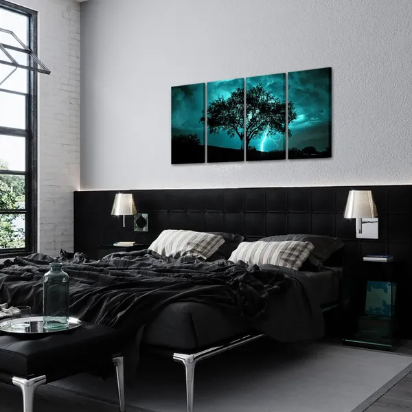 Multicolor_Tree_Canvas_Wall_Art_Teal_Big_Tree_with_Lightning_Strikes_Picture_Artwork_Natural_Landscape_Artwork_Painting_|_For_Home_Decor_12''x24''x4pcs_(Teal)