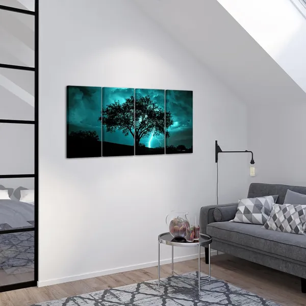 Multicolor_Tree_Canvas_Wall_Art_Teal_Big_Tree_with_Lightning_Strikes_Picture_Artwork_Natural_Landscape_Artwork_Painting_|_For_Home_Decor_12''x24''x4pcs_(Teal)