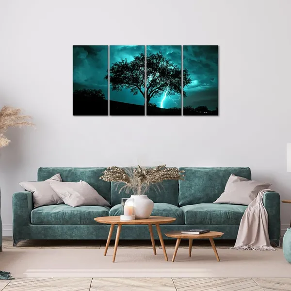 Multicolor_Tree_Canvas_Wall_Art_Teal_Big_Tree_with_Lightning_Strikes_Picture_Artwork_Natural_Landscape_Artwork_Painting_|_For_Home_Decor_12''x24''x4pcs_(Teal)