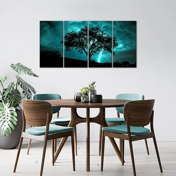 Multicolor_Tree_Canvas_Wall_Art_Teal_Big_Tree_with_Lightning_Strikes_Picture_Artwork_Natural_Landscape_Artwork_Painting_|_For_Home_Decor_12''x24''x4pcs_(Teal)