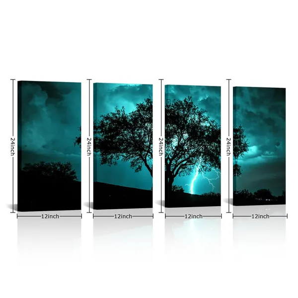 Multicolor_Tree_Canvas_Wall_Art_Teal_Big_Tree_with_Lightning_Strikes_Picture_Artwork_Natural_Landscape_Artwork_Painting_|_For_Home_Decor_12''x24''x4pcs_(Teal)