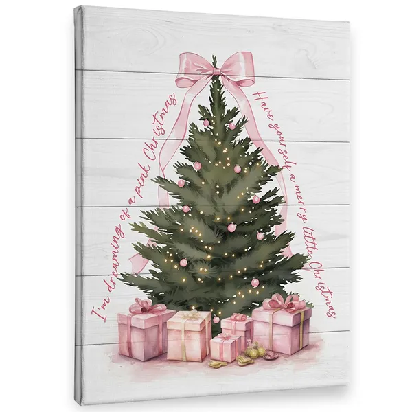Multicolor_I'm_Dreaming_of_Pink_Christmas_Tree_Winter_Wall_Art_Decor_Canvas,_Vintage_Farmhouse_Rustic_Pink_Bow_Festive_Pictures_Wall_Decor_Art_|_For_Living_Room_Home,Cottagecore_Artwork_|_For_Walls_11x14_inch