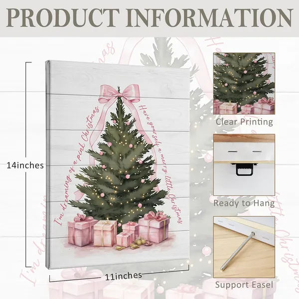 Multicolor_I'm_Dreaming_of_Pink_Christmas_Tree_Winter_Wall_Art_Decor_Canvas,_Vintage_Farmhouse_Rustic_Pink_Bow_Festive_Pictures_Wall_Decor_Art_|_For_Living_Room_Home,Cottagecore_Artwork_|_For_Walls_11x14_inch