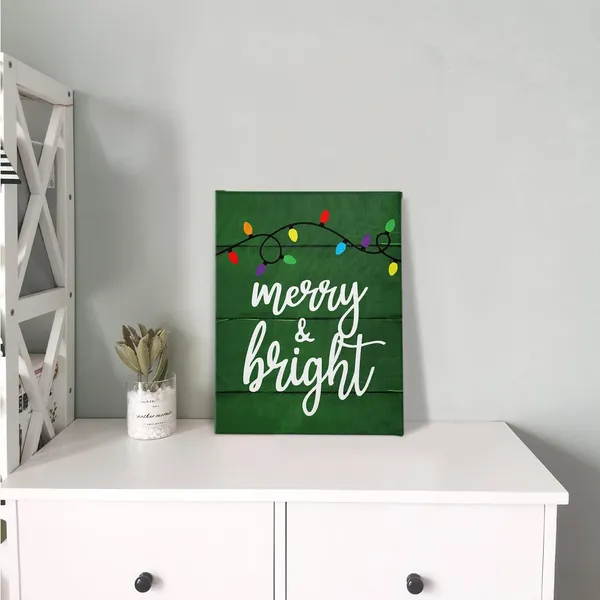 Multicolor_Merry_And_Bright_Wall_Art,Farmhouse_Rustic_Christmas_String_Lights_Red_Festive_Print_Framed_Canvas_Painting_Artwork_Home_Kids_Room_Boys_Girls_Bedroom_Playroom_Nursery_Decor(11x14_Inch)_(green)